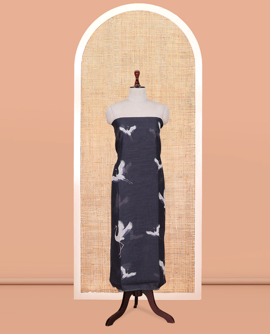 Black Semi-Linen Material Churidar, Adorned with Heron Motifs Top, a Plain Santoon Bottom, a Contrast Heron Dupatta