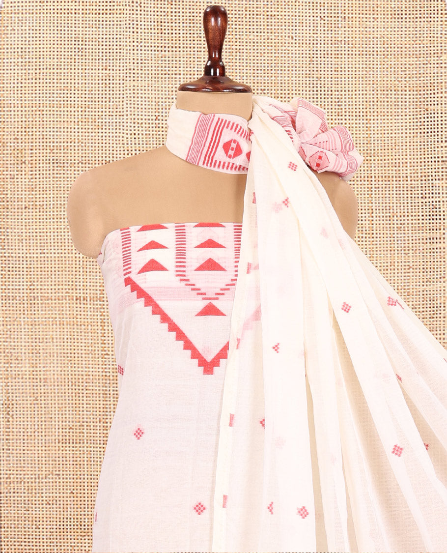 Cream Mul Cotton Material Chudidar Features Jamdani-Style Top, Striped Bottom, a Jamdani Dupatta
