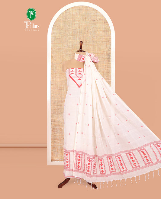 Cream Mul Cotton Material Chudidar Features Jamdani-Style Top, Striped Bottom, a Jamdani Dupatta