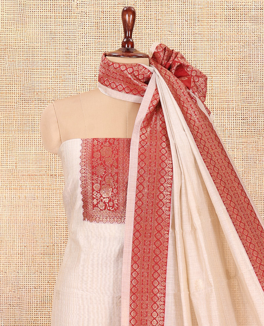 Chikku-Maroon Semi-Khadi Silk Material Chudidar, Zari Neckwork Top, Matching Bottom, Matching Dupatta