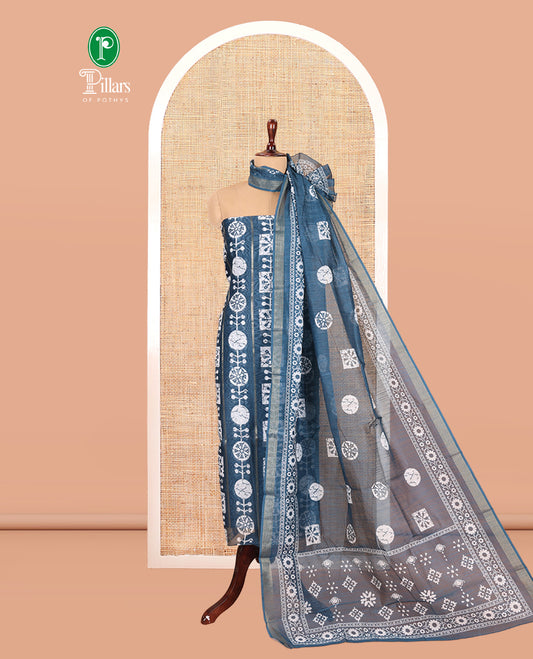Peacock Blue Chanderi Material Chudidar Features Batik Printed Top, a Matching Bottom, and Batik Printed Dupatta