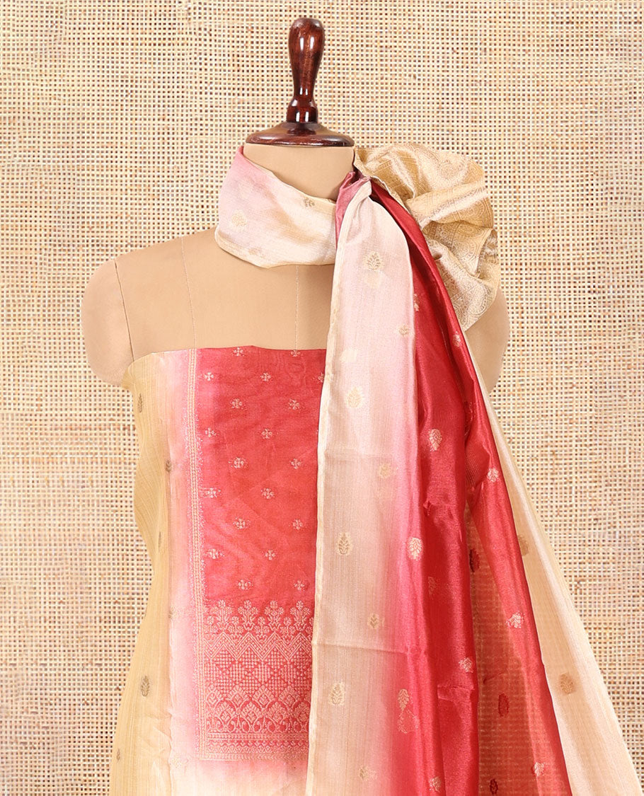 Chikku-Pink Semi-Tussar Material Chudiddar, Buttas and Neck Work Top, Contrast Bottom, Buttas Dupatta