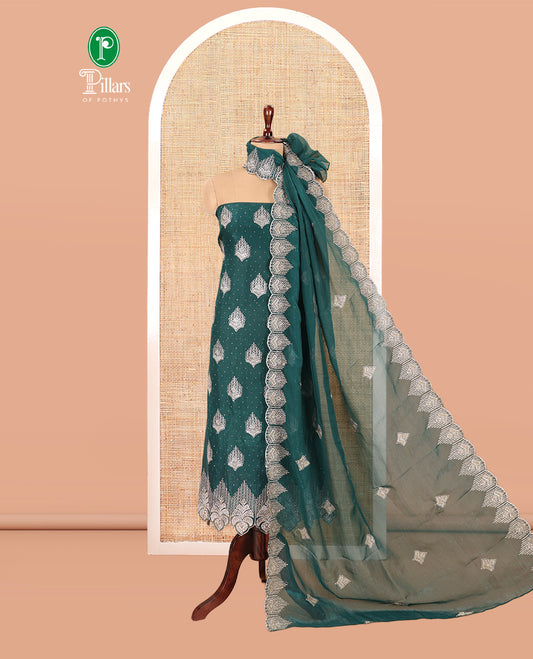 Peacock Green Crunchy Chiffon Material Chudiddar, Embroidered Top, Plain Bottom, Embroidered Scallop Dupatta