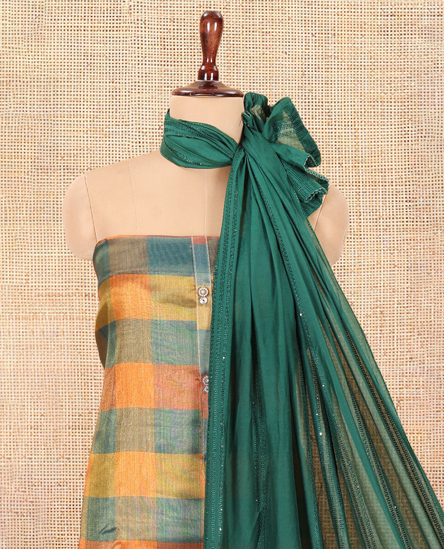 Multi-Color Shimmer Tissue Material Churidar, Accentuated with Madras Checked Neckwork Top, a Contrast Bottom, and a Sequins Striped Dupatta