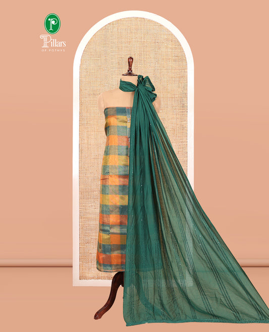 Multi-Color Shimmer Tissue Material Churidar, Accentuated with Madras Checked Neckwork Top, a Contrast Bottom, and a Sequins Striped Dupatta