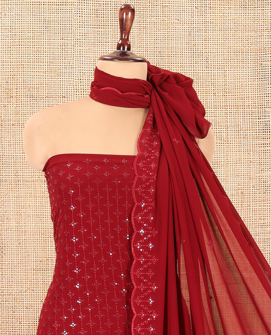 Maroon Georgette Material Churidar, Woven with Sequins Embroidered Top, a Matching Bottom, and Embroidered Dupatta