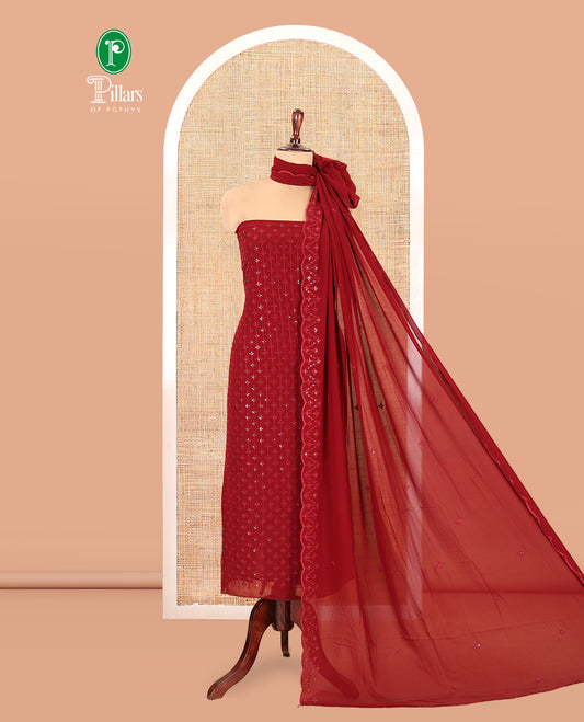 Maroon Georgette Material Churidar, Woven with Sequins Embroidered Top, a Matching Bottom, and Embroidered Dupatta