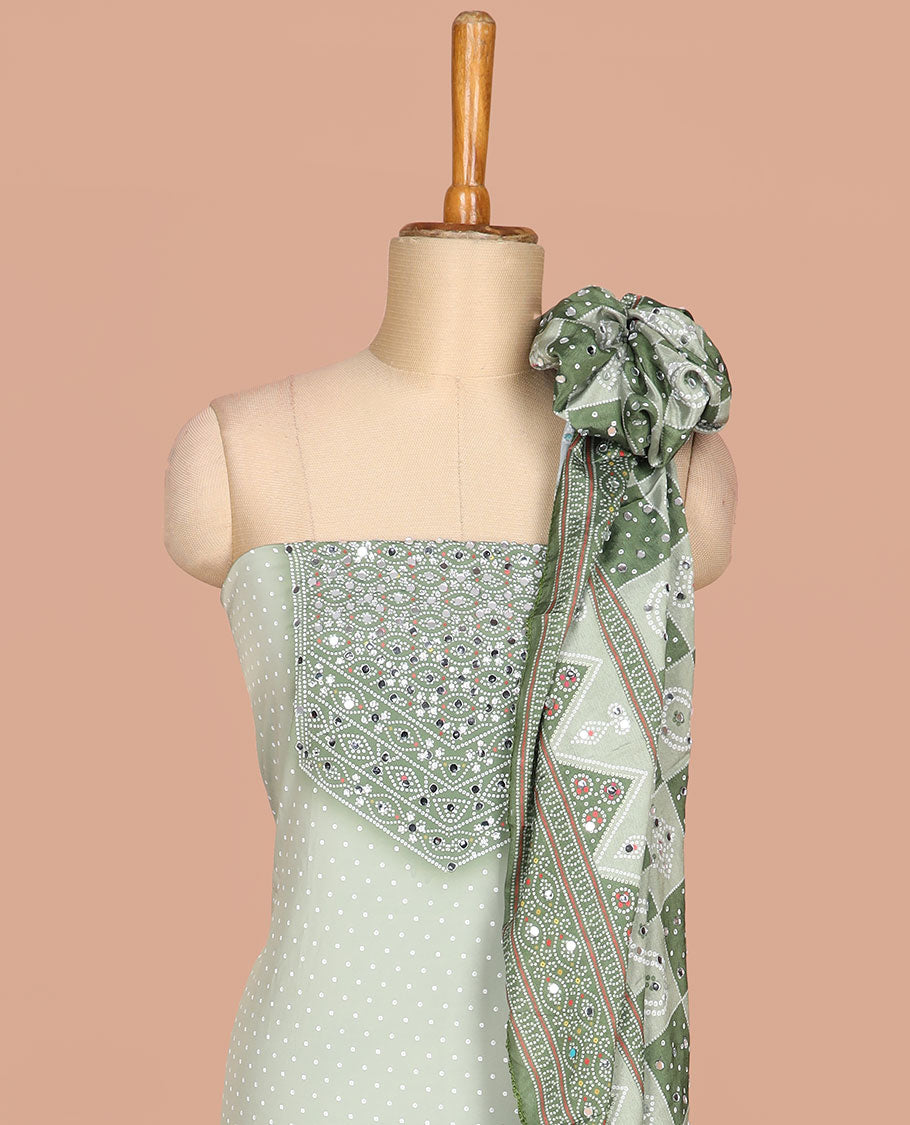 Pista green bhandani print, stone,mirror work crepe chudidhar  material top with american crepe pant & chinnon material bhandani print, mirror work dupatta