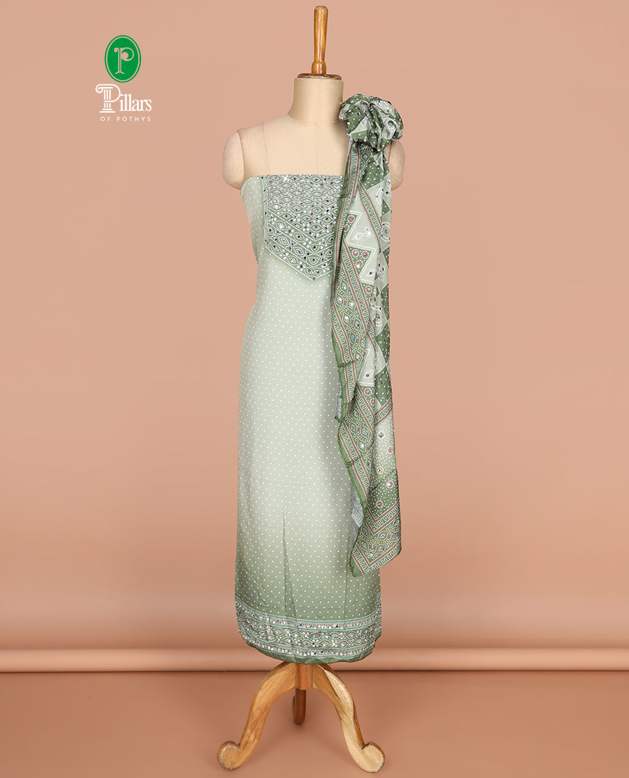 Pista green bhandani print, stone,mirror work crepe chudidhar  material top with american crepe pant & chinnon material bhandani print, mirror work dupatta