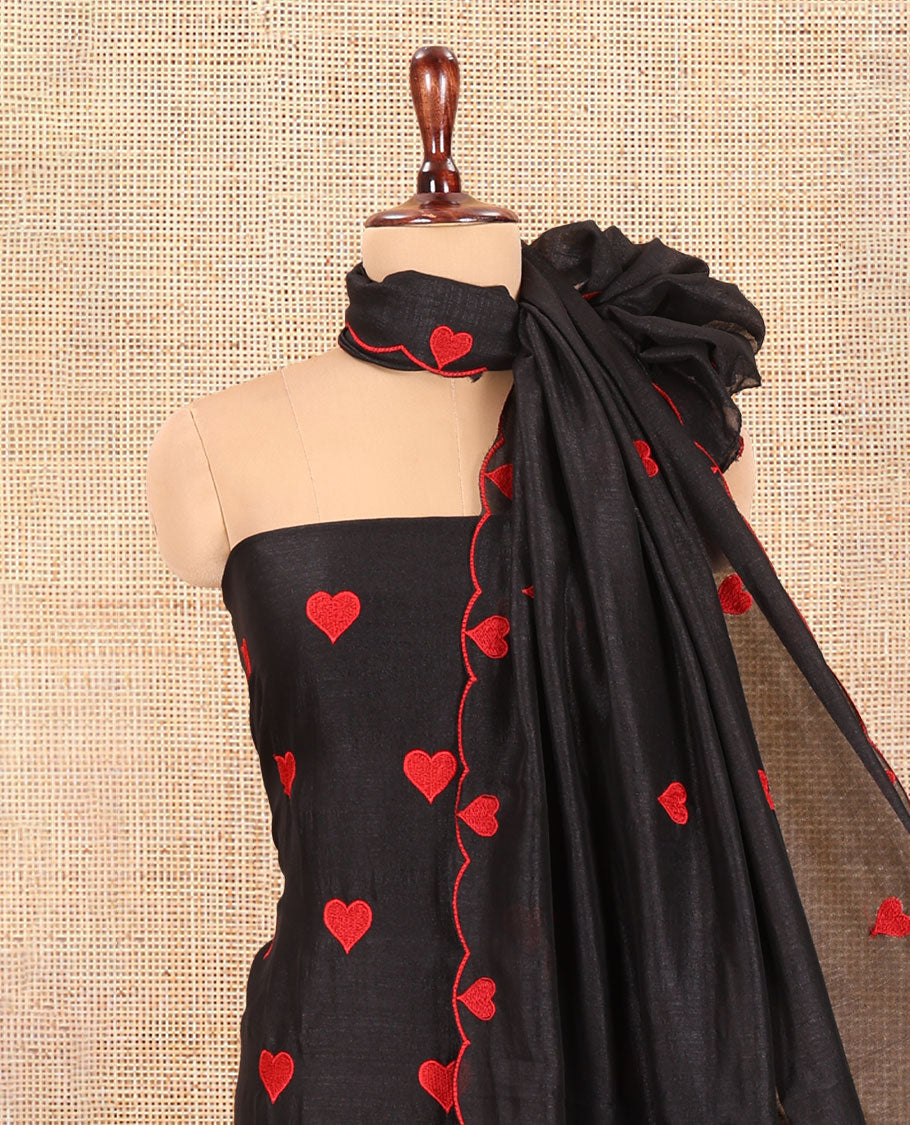 Black Semi-Silk Material Chudidar, Heart Embroidered Top, Plain Bottom, Heart Embroidered Dupatta