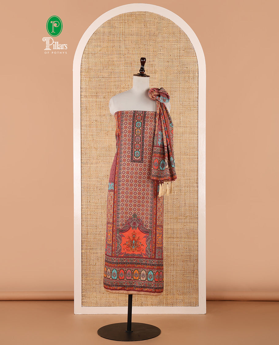 Multi-color churidar material set, ajrakh-printed & sequins work crepe top, kalidoscopic-colored dupatta of ajrakh print & sequins work & plain crepe bottom