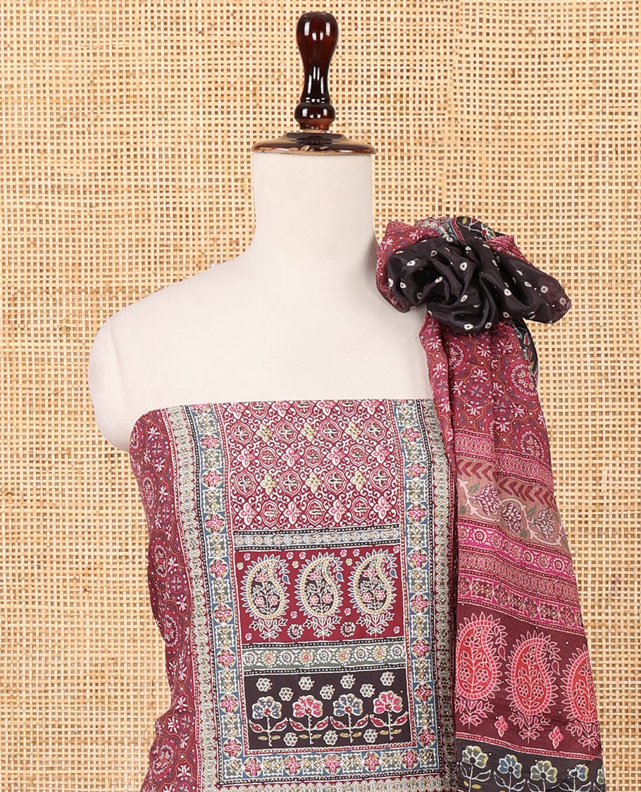 Wine crepe chudidar material set, ajrakh-print with daman floral design top, plain bottom & dupatta of bandhani dots & ajrakh-style print