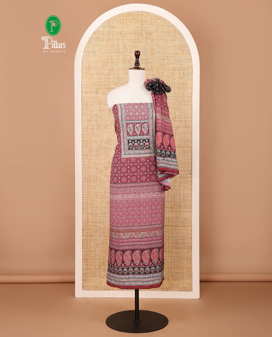 Wine crepe chudidar material set, ajrakh-print with daman floral design top, plain bottom & dupatta of bandhani dots & ajrakh-style print