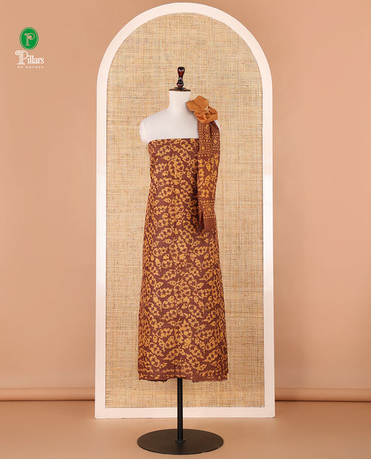 Mustard chudidhar material, leaf batik-print bhagalpuri cotton top,contrast batik-print bottom & dual-color printed mul-mul dupatta