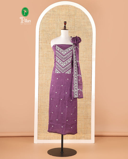 Dark purple Vichitra crush material chudidar set, thread & bead floral embroidery top, plain santoon bottom & floral thread embroidery dupatta