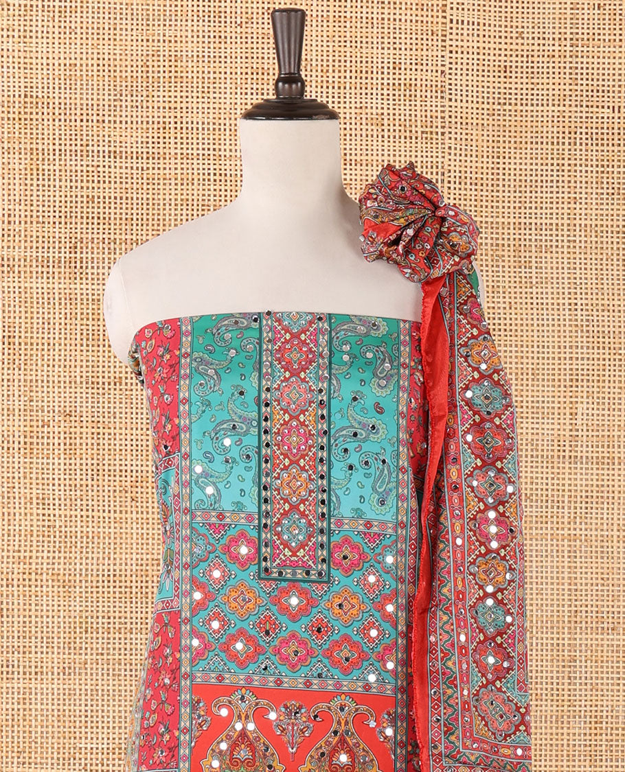 Red crepe masakali material chudidar set, geometric print with mirror embroidery top,plain bottom & multi-color geometric print & mirrorwork dupatta