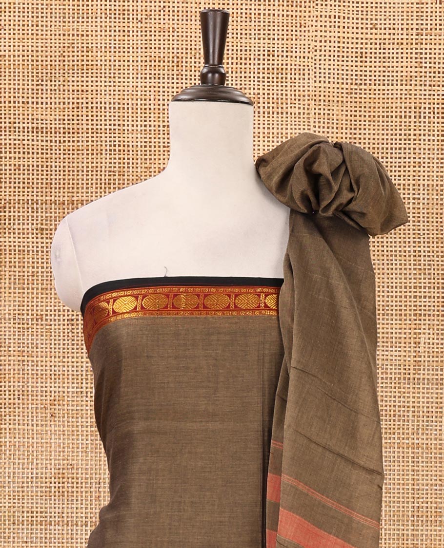 Walnut brown mercerized cotton material chudidar set,plain contrast traditional rudraksham border top,matching bottom & 2-sided rudraksham border dupatta