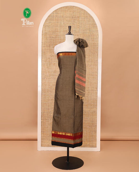 Walnut brown mercerized cotton material chudidar set,plain contrast traditional rudraksham border top,matching bottom & 2-sided rudraksham border dupatta