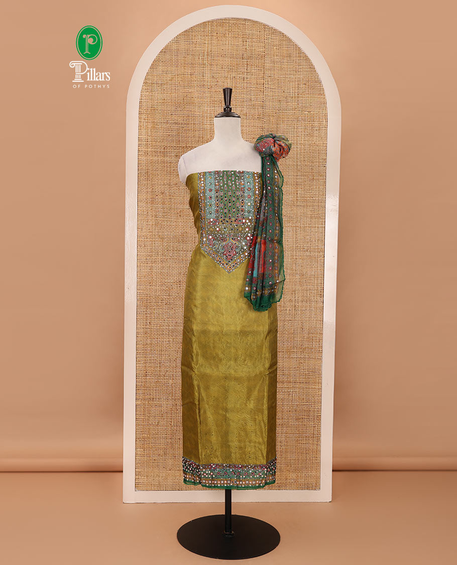 Green organza material chudidar set, Ajrakh printed,stone & mirror work top, santoon bottom & dupatta of floral print & mirror work
