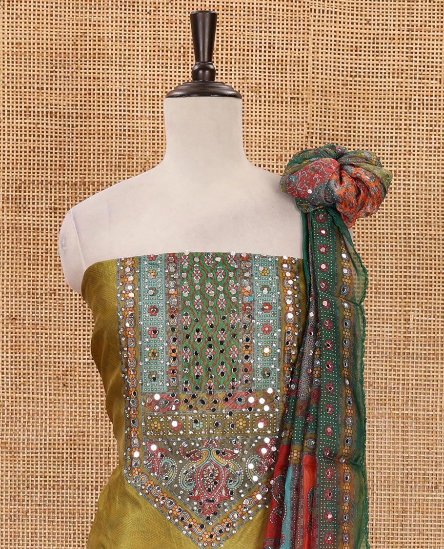 Green organza material chudidar set, Ajrakh printed,stone & mirror work top, santoon bottom & dupatta of floral print & mirror work