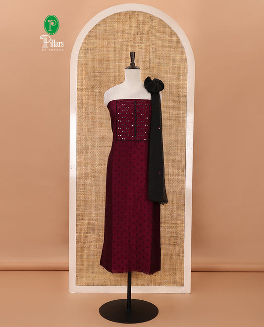 Wine material chudidar set, black beads & mirror neck embroidered with buttas woven vichitra silk top, santoon bottom & contrast mirror work chiffon dupatta