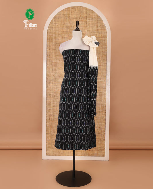 Black material chudidar set, ogee patterned pure cotton pochampally ikkat top, contrast bottom & dual-color ikkat motifs pure cotton pochampally ikkat dupatta