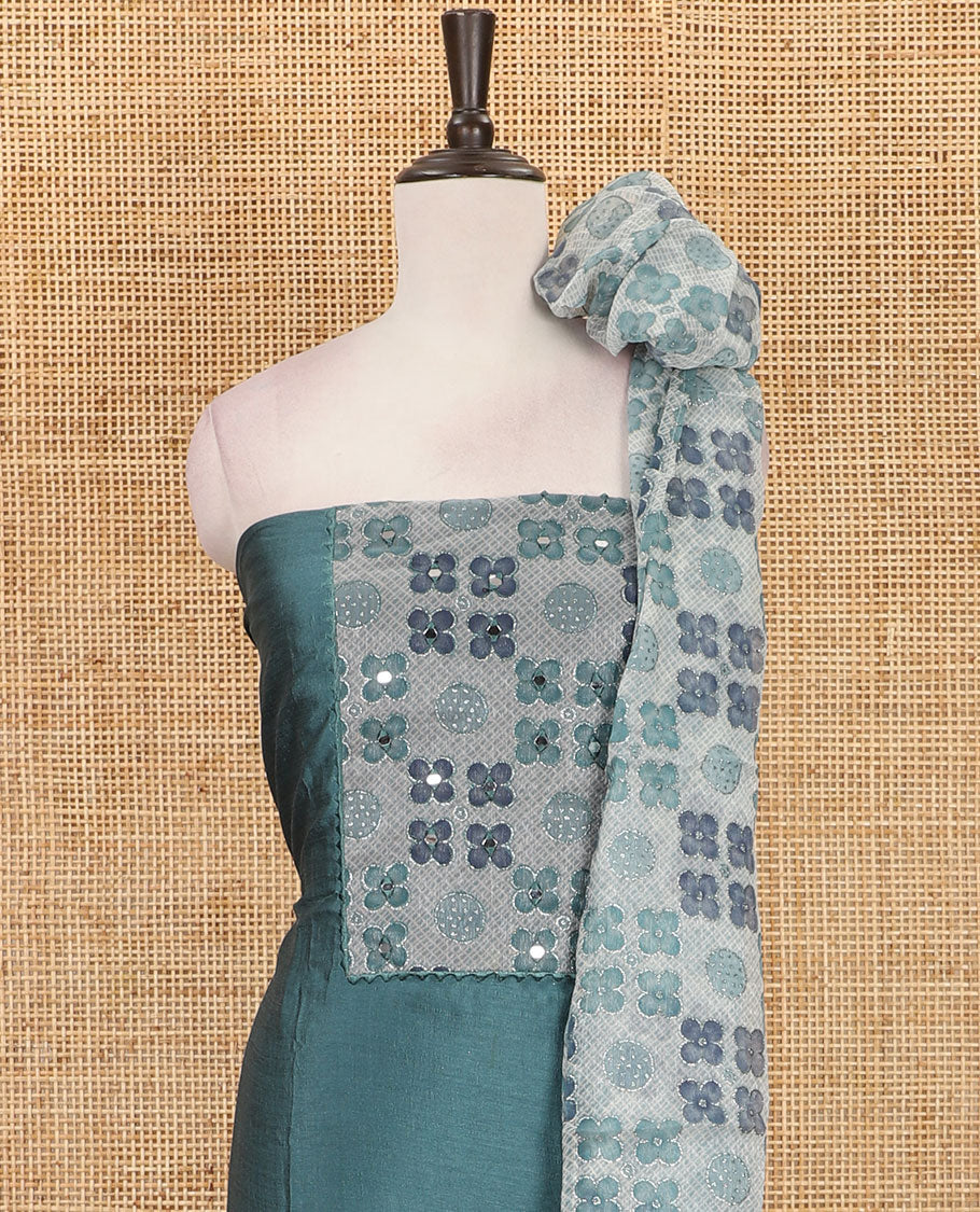 Dusky green Vichitra silk material chudidar set, brasso print & mirror embroidered neck work top, santoon bottom & four-petal floral motifs printed dupatta