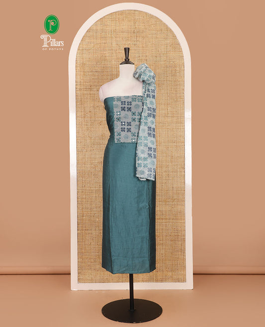 Dusky green Vichitra silk material chudidar set, brasso print & mirror embroidered neck work top, santoon bottom & four-petal floral motifs printed dupatta