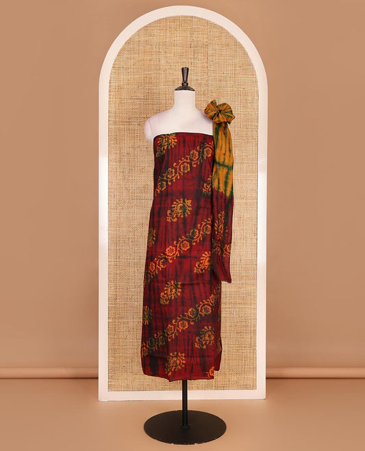 Maroon cotton material chudidar set, shibori with batik style floral printed top, contrast plain bottom, and dupatta of shibori and batik print
