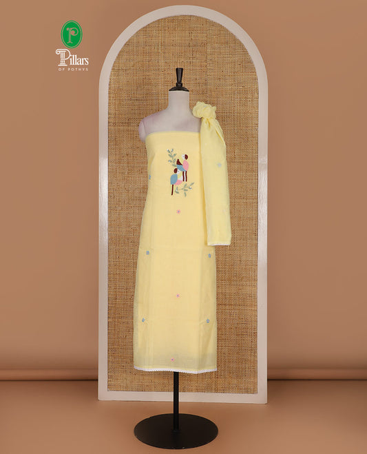 Yellow net kota material chudidar set, macaw parrot, and flower motifs, multi-color sugar bead embroidered top, plain santoon bottom, and sugar bead embroidered dupatta