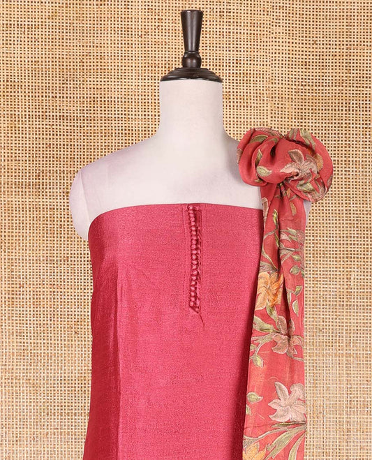Dark peach material chudidar set, plain with fancy thermacol balls neck work Vichitra top, cotton bottom, and floral printed dupatta