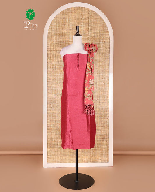 Dark peach material chudidar set, plain with fancy thermacol balls neck work Vichitra top, cotton bottom, and floral printed dupatta