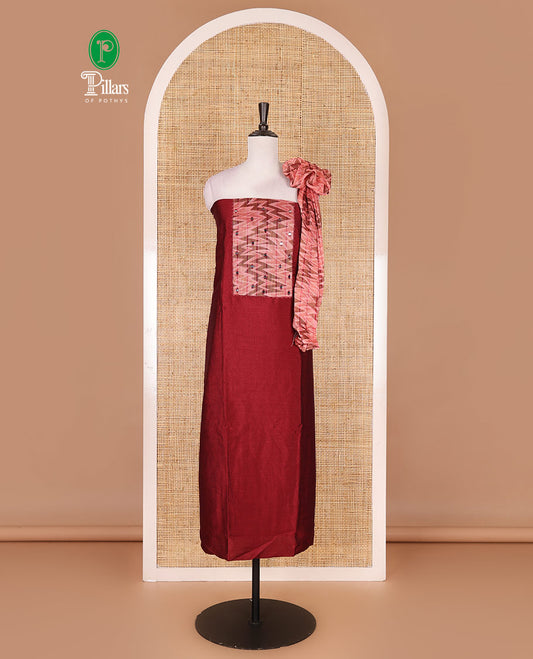 Maroon Vertican silk material chudidar set, ikkat chevron striped with mirror neck embroidered top, santoon bottom, and contrast chevron striped dupatta