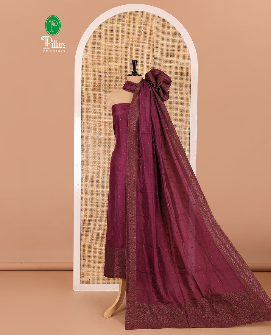 Purple material chudidar set, copper zari buttas and jaal design semi-modal silk top, plain santoon bottom, and zari design woven semi-modal silk dupatta