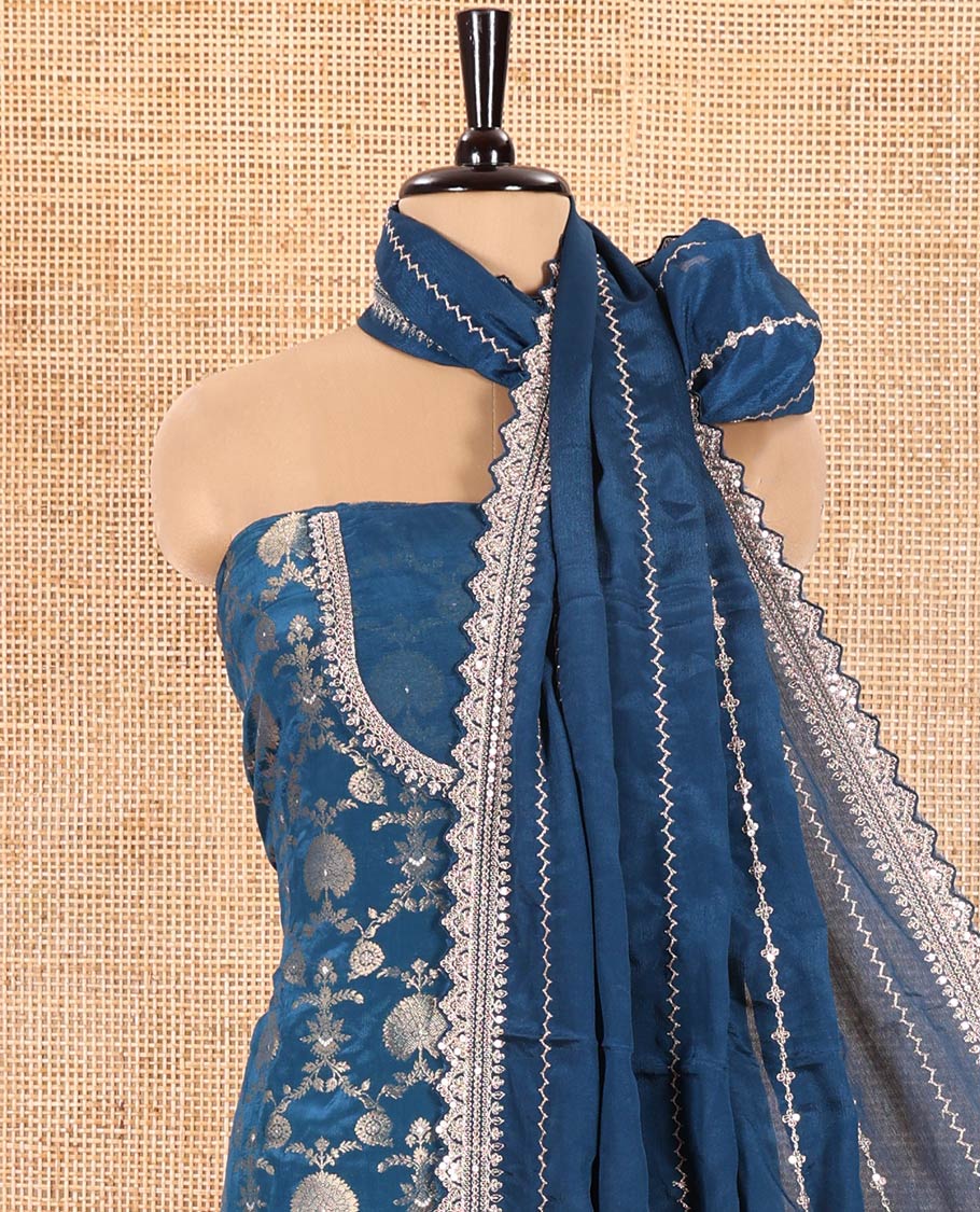 Blue Chudidar Set Mesmerized with Floral Jaal Jacquard Design Viscose Chinon Unstitched Top, Readymade Free Size Sharara Pants, and a Chinon Embroidered Scallop-Bordered Dupatta