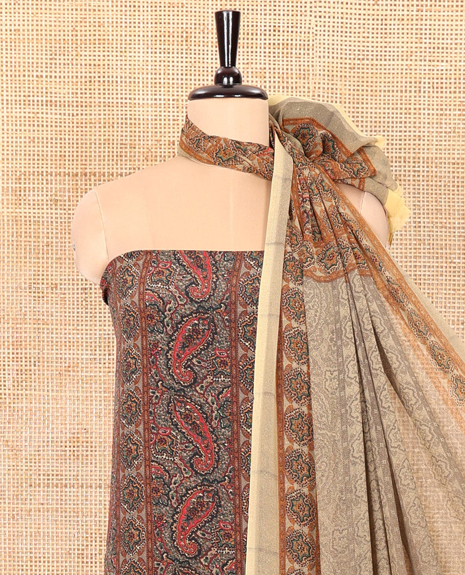 Light Pista Material Chudidar Set Intricately Printed with Paisley Motifs on the Italian Crepe Top, Subtly Negative Printed Bottom, and Italian Crepe Dupatta of the Same Paisley Prints