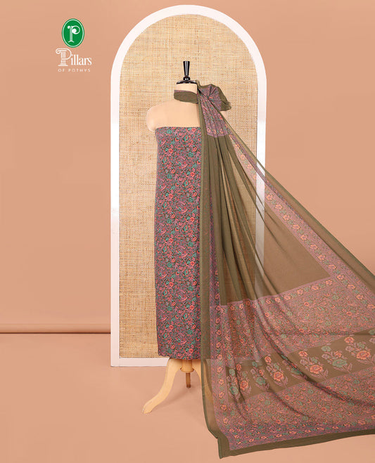 Mustard Grey Material Chudidar Set, Beautifully Printed with Floral Print on Its Italian Crepe Top, Italian Crepe Bottom, and Georgette Dupatta of Floral Print