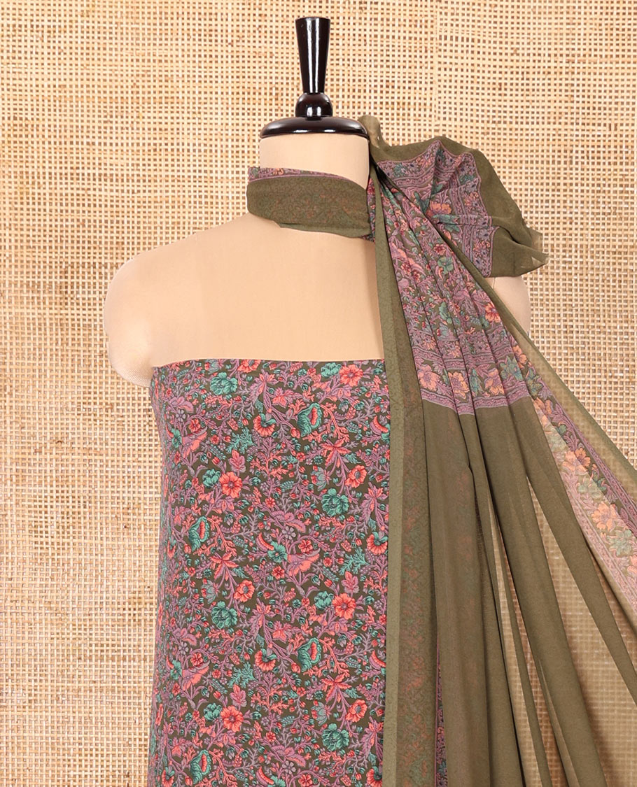 Mustard Grey Material Chudidar Set, Beautifully Printed with Floral Print on Its Italian Crepe Top, Italian Crepe Bottom, and Georgette Dupatta of Floral Print