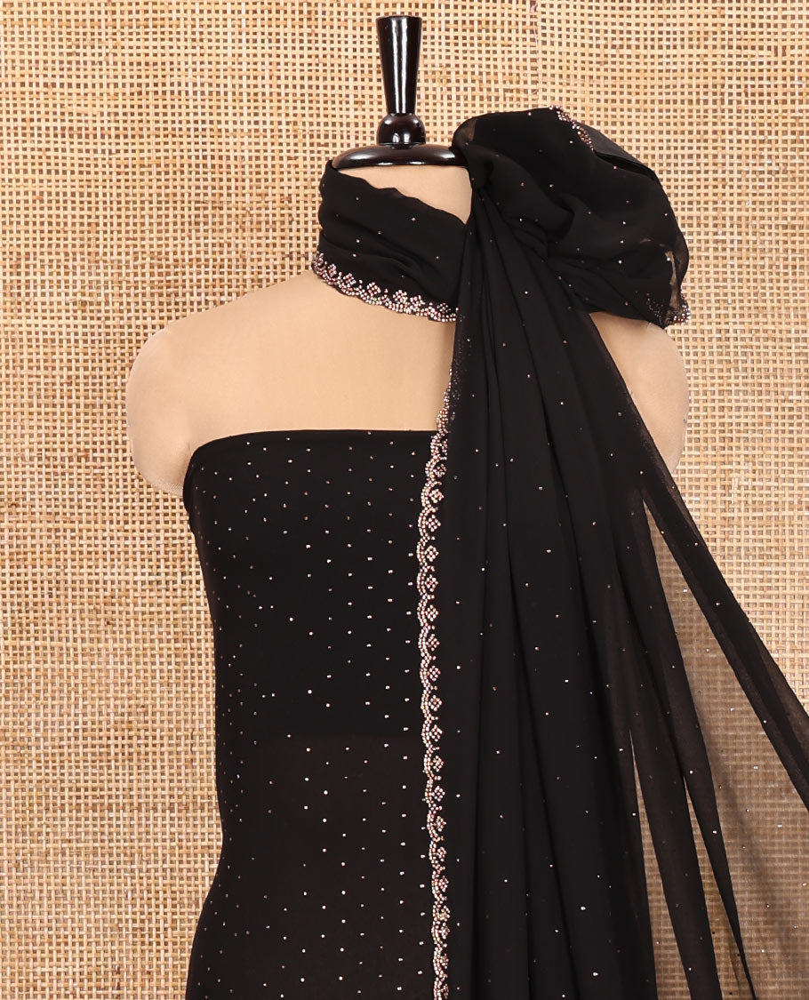 Black Material Churidar Set, Swarovski Stone Work Fox Georgette Top, Comes with a Plain Santoon Bottom, and a Scallop Swarovski Stone Work Fox Georgette Dupatta