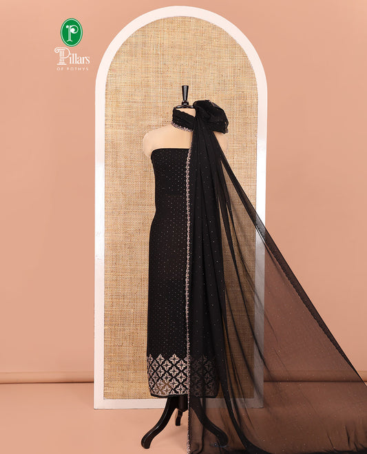 Black Material Churidar Set, Swarovski Stone Work Fox Georgette Top, Comes with a Plain Santoon Bottom, and a Scallop Swarovski Stone Work Fox Georgette Dupatta