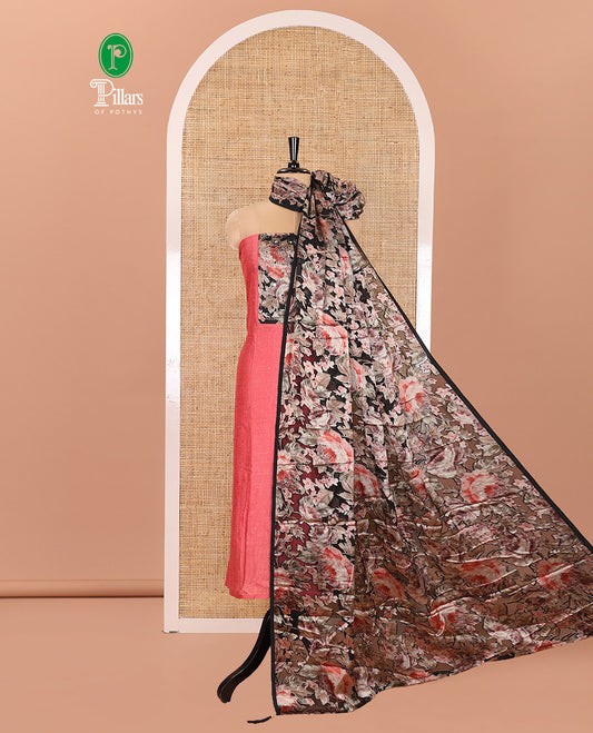 Pink Material Churidar Set, Elevated with Stone Work and Floral Patch Neck Work on Vichitra Silk Top, Comes with a Plain Santoon Bottom, and Is Paired with a Contrast Floral Printed Dupatta