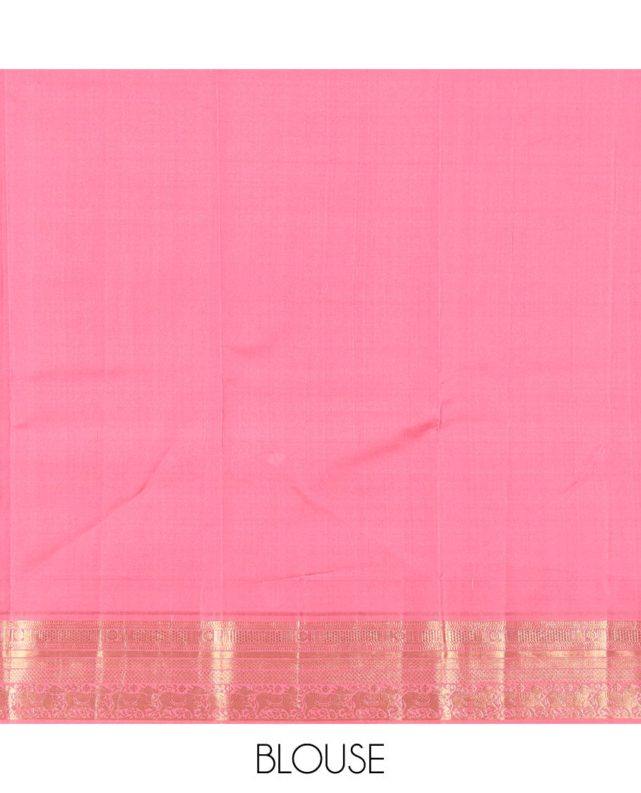 Brown Vasundhara Silk Saree Enriched with Zari Buttas, Complemented by a Contrast Border Featuring Auspicious Pichwai Cow Designs, Elevated with an Intricately Zari-Woven Pallu, and Paired with a Contrast Blouse