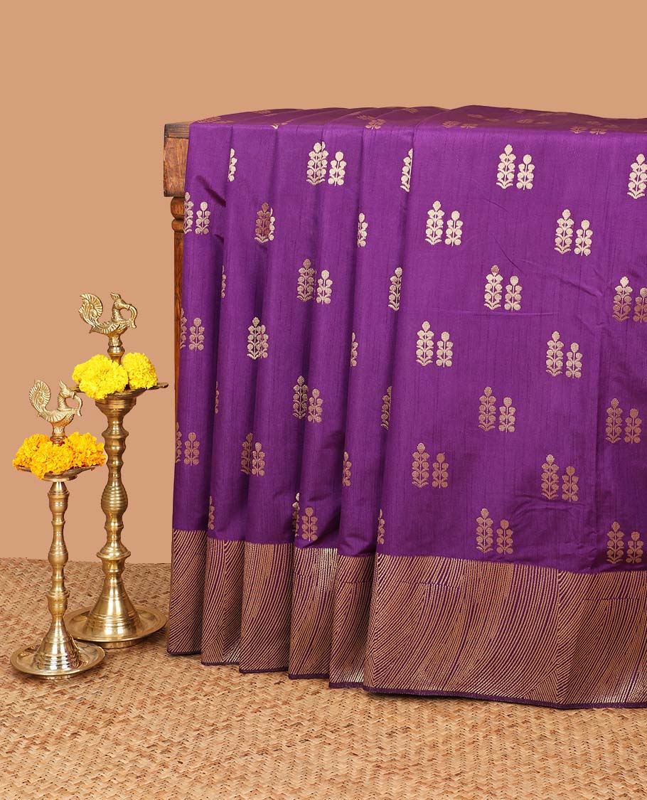 Purple floral zari butta dola raw silk saree with geometrical border & zig zag mango design pallu along with geometrical zari blouse