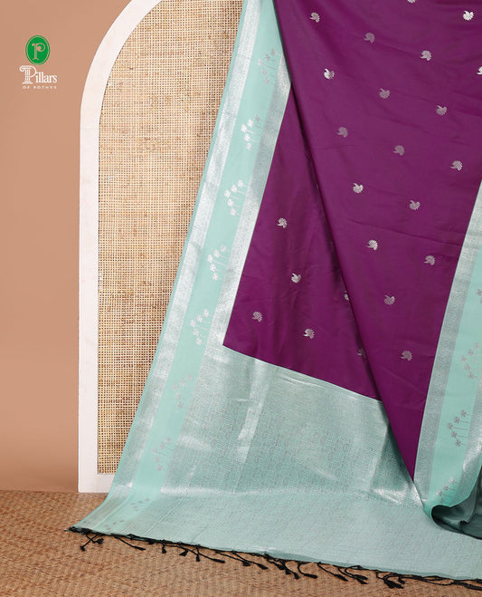 Purple floral zari buttas semi-soft silk saree, contrast traditional motif zari border & pallu of paisleys & checks