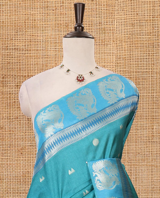 Peacock blue temple & rudraksham motifs fancy tussar saree, contrast traditional zari peacocks border, pallu of peacock & mughal floral design, & contrast zari blouse