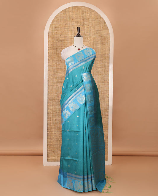 Peacock blue temple & rudraksham motifs fancy tussar saree, contrast traditional zari peacocks border, pallu of peacock & mughal floral design, & contrast zari blouse