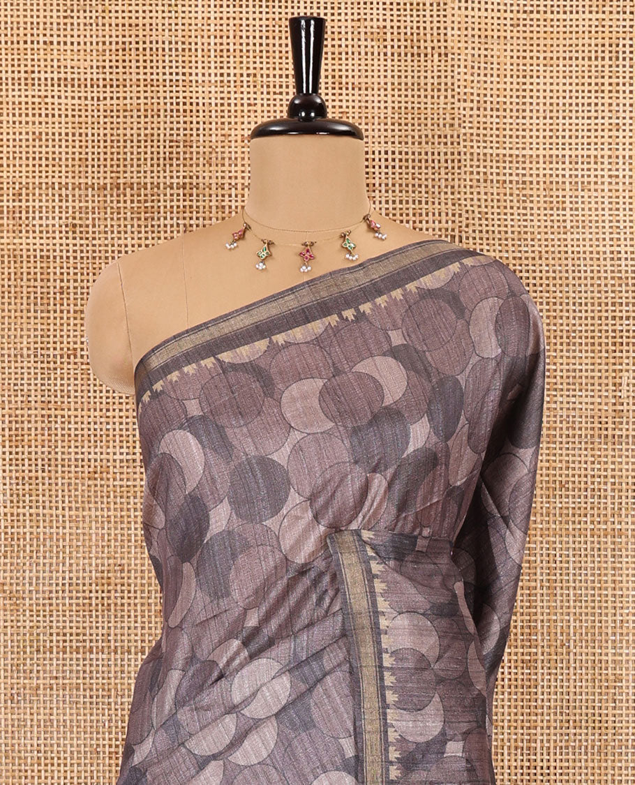 Grey circle abstract printed fancy tussar saree, tissue border, pallu of kalamkari peacock print, and kalamkari floral printed blouse