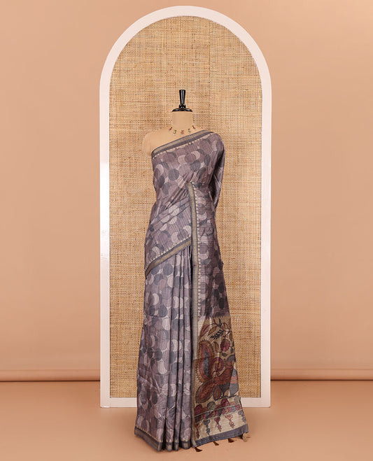 Grey circle abstract printed fancy tussar saree, tissue border, pallu of kalamkari peacock print, and kalamkari floral printed blouse