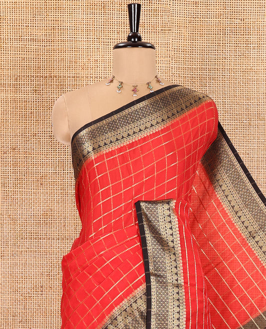 Red and Black Semi-Mysore Silk Saree Gleamed Up with Zari Checks All Over Its Body, Complemented by a Contrast Traditional Zari Design Woven Border, Captivating Zari Designs Woven Pallu, and Paired with a Contrast Blouse
