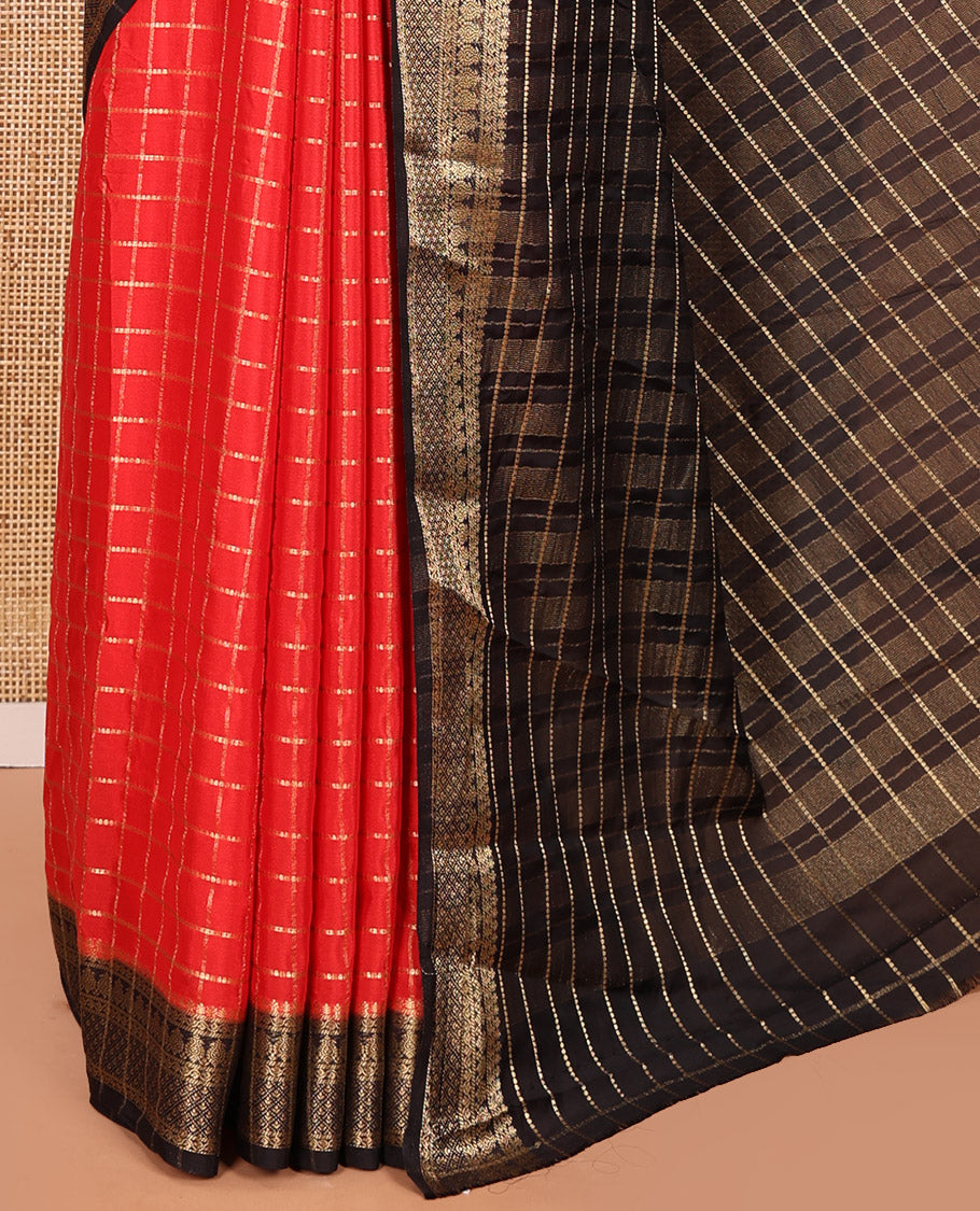 Red and Black Semi-Mysore Silk Saree Gleamed Up with Zari Checks All Over Its Body, Complemented by a Contrast Traditional Zari Design Woven Border, Captivating Zari Designs Woven Pallu, and Paired with a Contrast Blouse